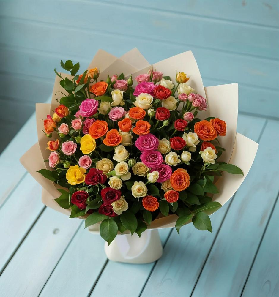 Букет Микс из разноцветных кустовых роз в Мисирево