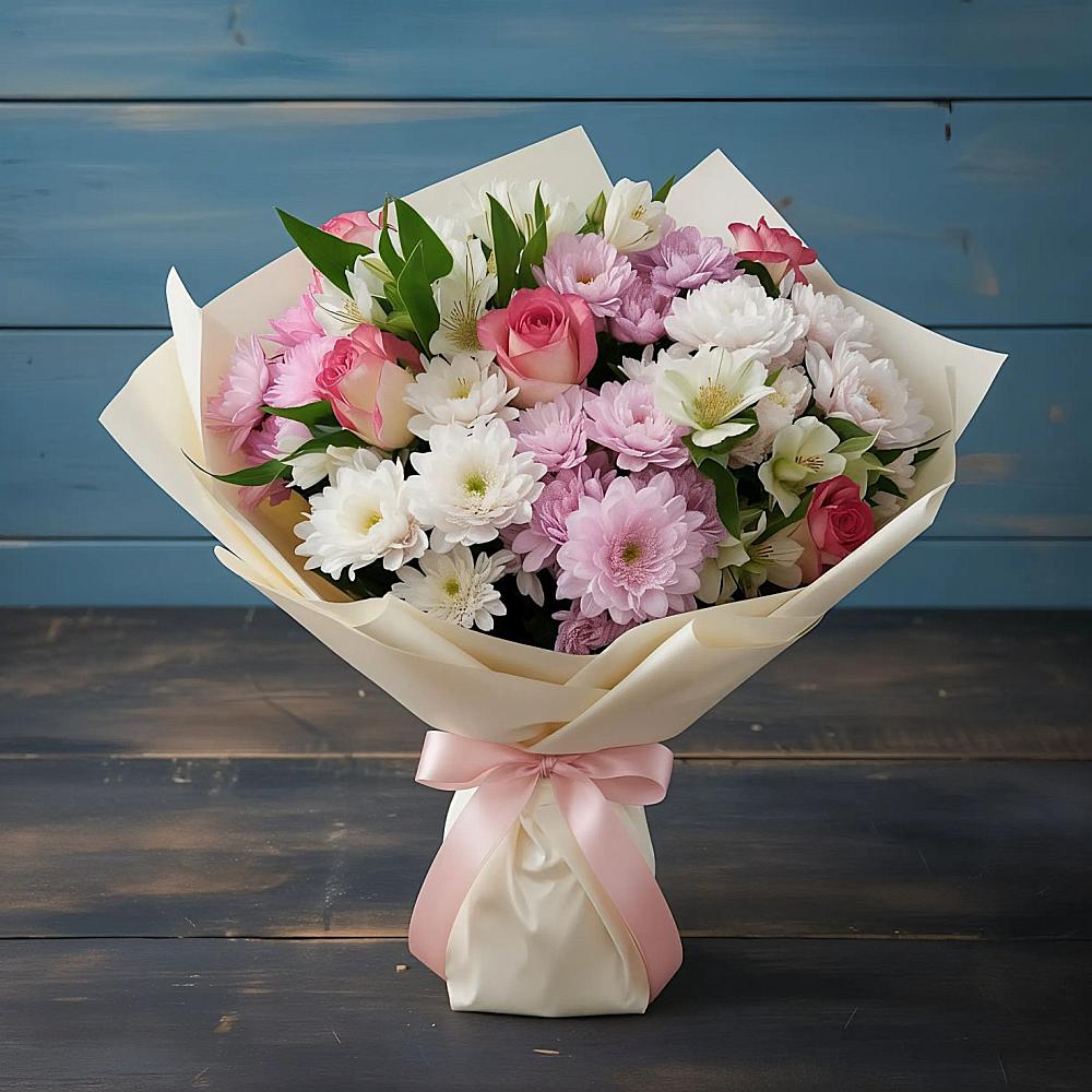 Букет цветов из: Хризантемы, Альстромерии и Розы в Мисирево